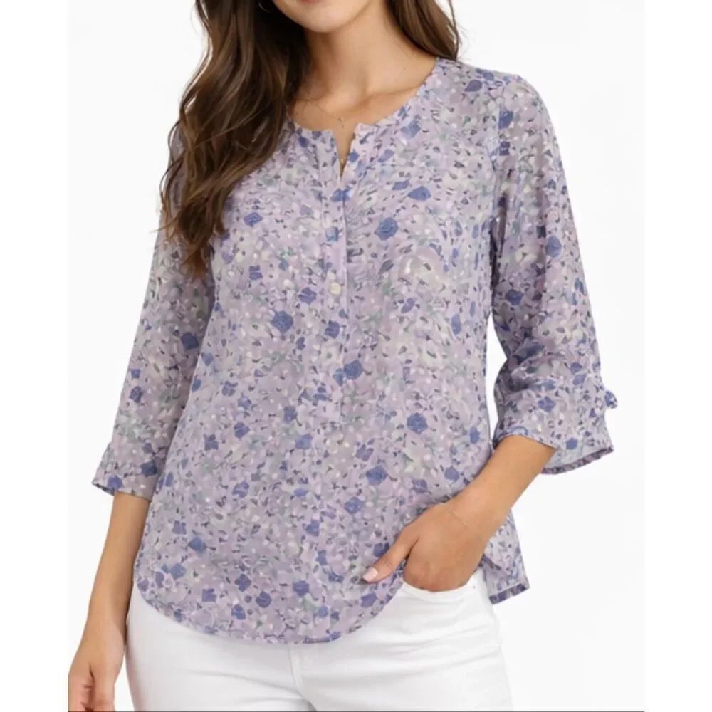 Talbots purple floral printed button front blouse